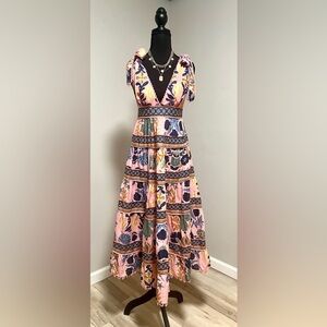 FARM Rio Orange and Pink Tiered Maxi Dress